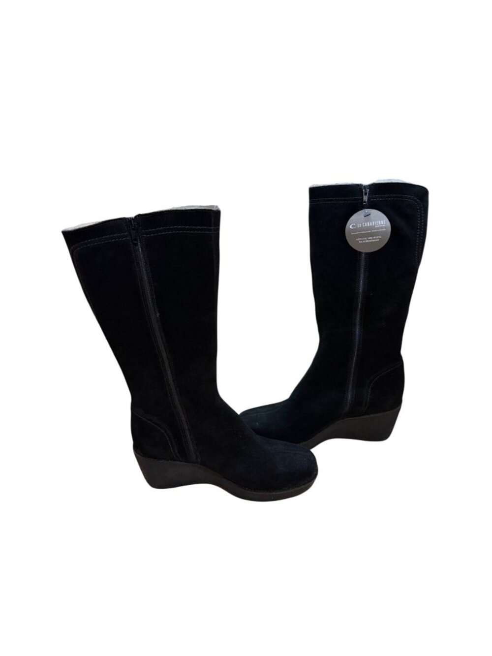 La Canadienne Womens Black Shearling and Suede Waterproof Mid Calf Wedge Boots M